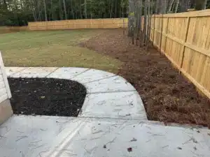 Concrete sidewalk connecting the home to a newly sodded backyard, creating a clean, landscaped path.