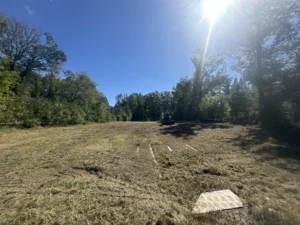 Clean cleared lot in Durham NC after one-day forestry mulching by MWM Landscaping showing graded ground ready for construction.