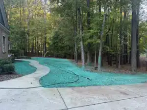 Fresh hydroseeding applied along the front yard and driveway of a Raleigh home, creating an even base for lush grass growth.