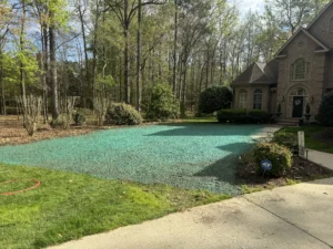 After grading and drainage repair with fresh topsoil and hydroseeded fescue grass at Treyburn Country Club home in Durham