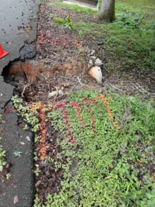 Failed section of road in Pittsboro showing a clogged culvert pipe and erosion along the roadway