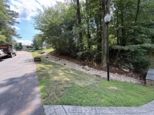 Dry creek bed with Tennessee River rock and boulders designed to slow water flow and reduce erosion in a Apex, NC yard