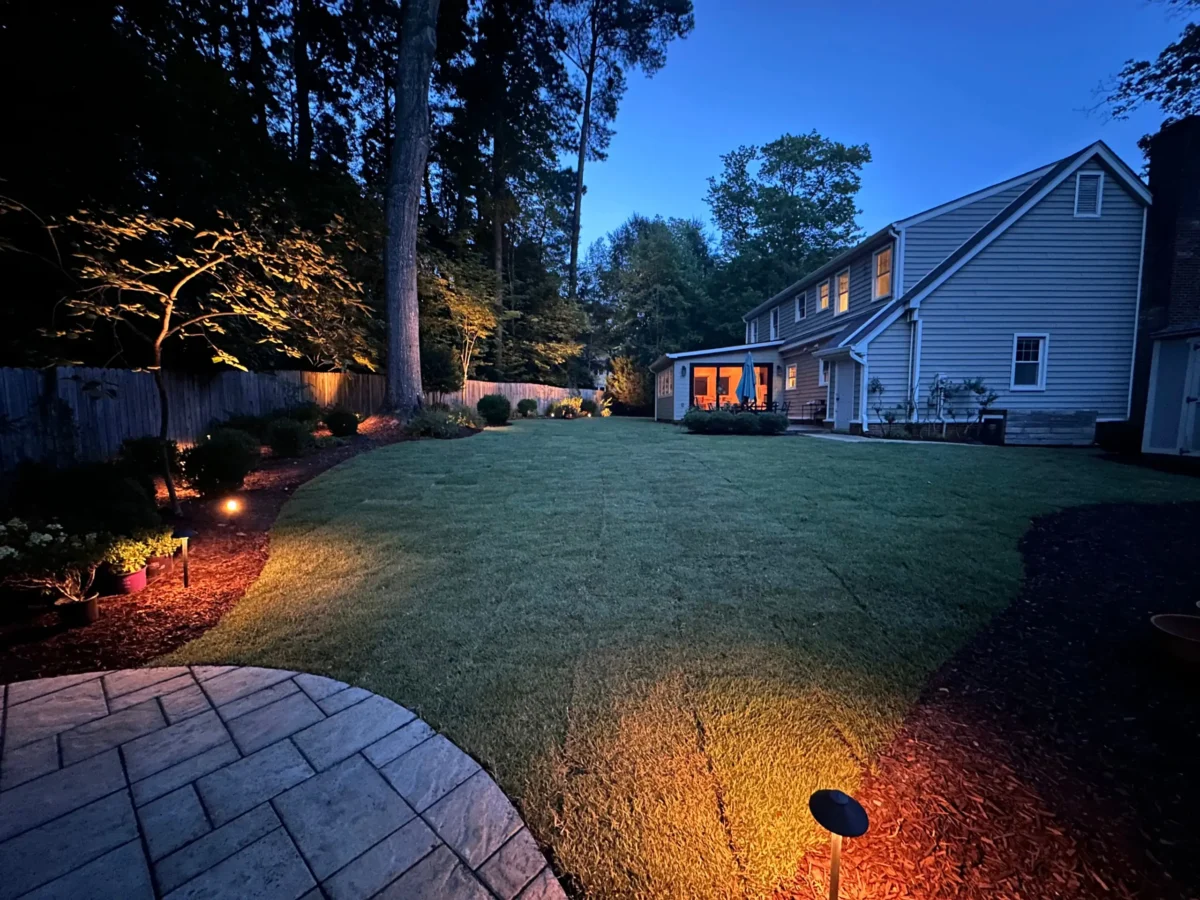 Cary, NC backyard illuminated at night with landscape uplighting and path lights highlighting mature trees, planting beds, lawn, and patio.